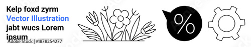 Stylized flower, percentage symbol in black circle, and a gear outline. Ideal for nature motifs, financial contexts, mechanical concepts, business themes, simplistic art, DIY blogs simple landing