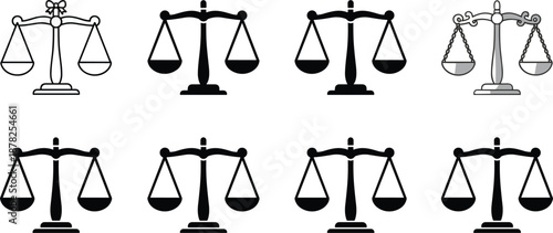 Collection of justice scale icons in various styles including outline and solid black for law, court and balance.