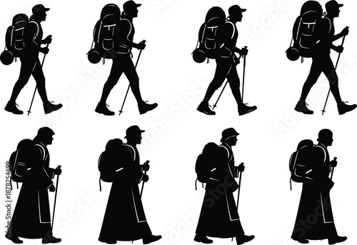 Hiker silhouettes walking with backpacks and trekking poles, outdoor adventure travelers, pilgrimage journey, hiking people, black white vector set