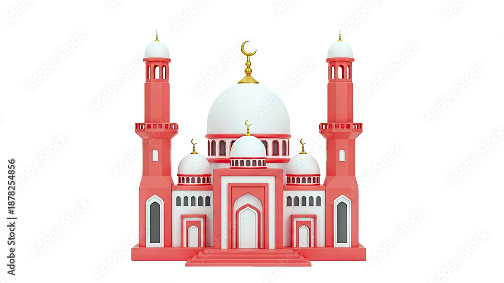 Obraz premium 3D Render of a Pink and White Mosque with Golden Crescent Moon