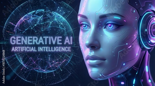 Generative AI and Artificial Intelligence: Futuristic Digital Brain, AI Robot Face, and Global Network Connection