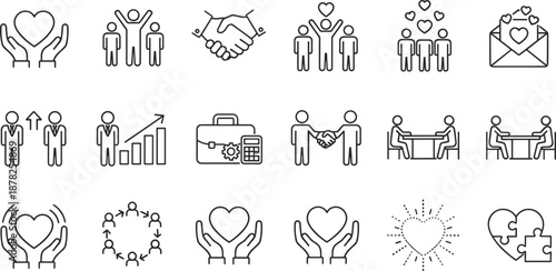 Business partnership and charity line icons featuring teamwork shaking hands heart care financial growth briefcase and community support symbols.