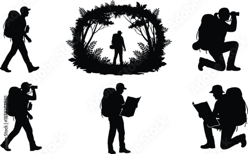 Hiking photographer silhouettes exploring forest nature, backpack travelers with camera and map, outdoor adventure documentation, wildlife observation, black white vector set