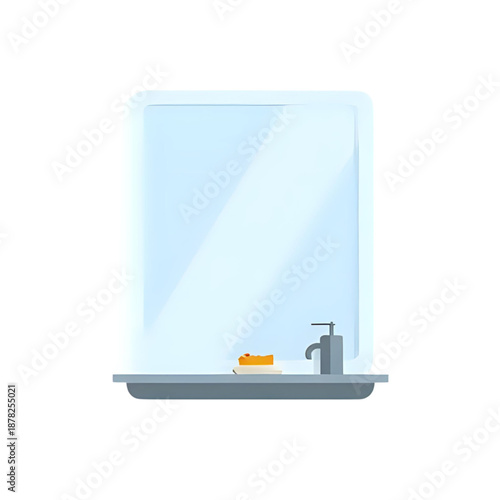 Graphic illustration of a minimalist bathroom sink with soap and faucet on a clean countertop viewed from the front