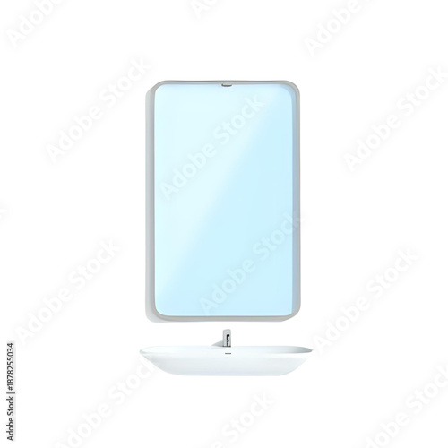 A sleek smartphone with a light blue screen displayed above a modern white sink with a silver faucet in a clean bathroom setting