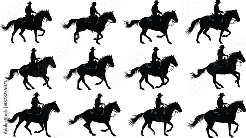 Horse, rider, silhouettes, cowboy, western, riding, equestrian, gallop, motion, animal, farm, ranch, sport, outdoor, action, tradition, black, illustration, set, concept