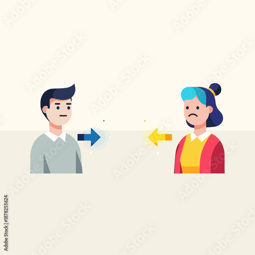 Communication barrier between man and woman, misunderstanding concept illustration