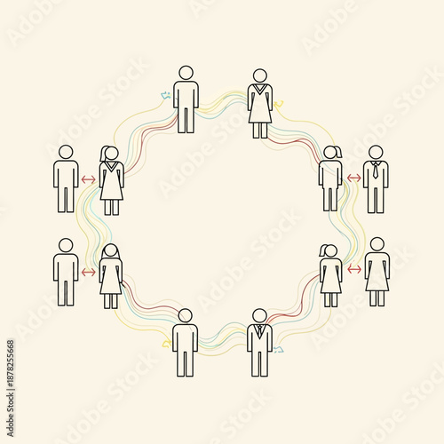 Diverse people in circle connected by colorful lines