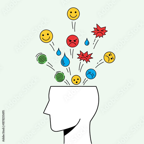 Emotions exploding from head, mental health concept