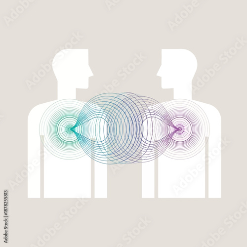 Two figures communicating through sound waves, symbolizing connection and empathy