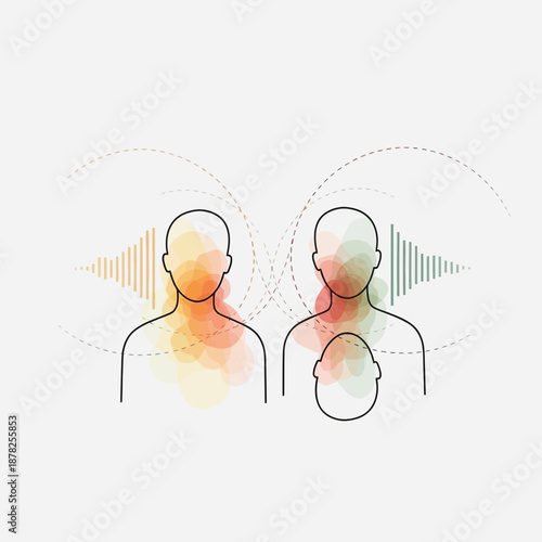 Two people connected by sound waves, abstract communication concept