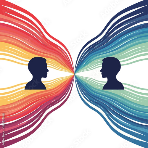 Two Silhouetted Heads Connecting Through Rainbow Waves
