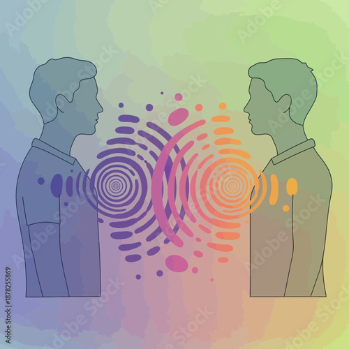 Two profiles facing each other with colorful communication waves between them