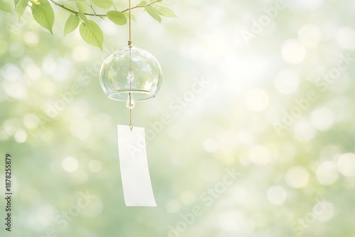 Wallpaper Mural A clear glass wind chime with a white paper strip hangs gracefully amidst blurred green foliage Torontodigital.ca