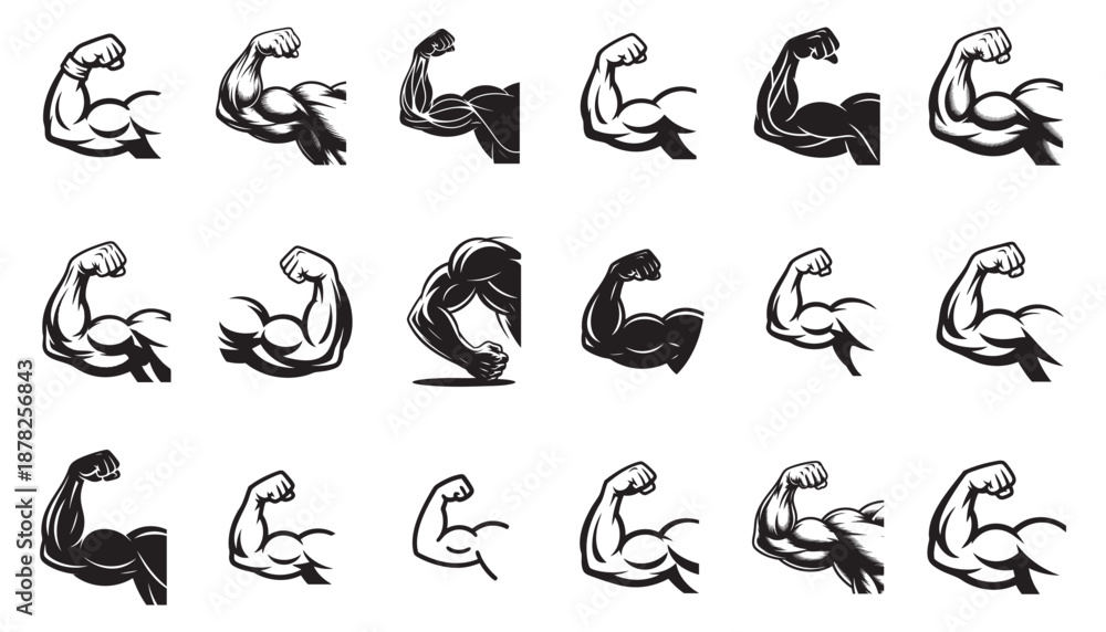Obraz premium Strong Flexed Biceps Muscle Arm Vector Set – Gym Fitness Bodybuilding Illustration