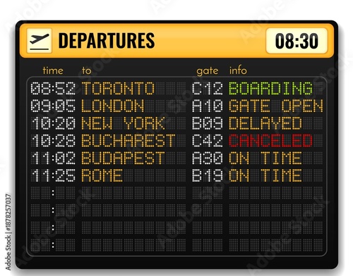 Bild auf Leinwand Electronic airport board realistic composition with yellow alphabets on board an
