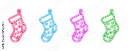 Neon glowing Christmas stocking vector icons set, holiday, festive, celebration, xmas, glowing, pink, blue, violet, green, socks, gift, decoration, bright colorful digital design illustration.