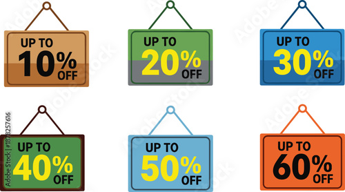 Colorful Hanging Sale Tags Collection with Discount Percentages from Ten to Sixty Percent for Retail Promotion Marketing and Seasonal E-commerce Business Advertising Vector Set