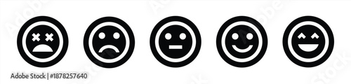 Feedback emoji icons. Review sentiment emoticon icon set with different mood faces including happy, sad, good and bad.