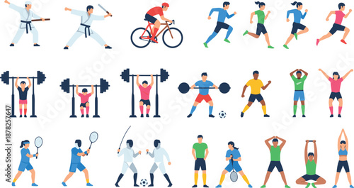 Diverse athlete sports collection featuring flat characters in various action poses like cycling running weightlifting tennis fencing and yoga exercises