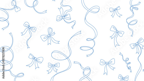 Hand drawn blue ribbon bows and curly streamers set isolated on white background for wedding invitation birthday card gift wrap and party decoration design