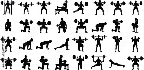 Huge Fitness Silhouette Collection Featuring Gym Workout Exercises with Barbell and Dumbbell Strength Training Isolated on White Background for Bodybuilding, Crossfit, and Athlete Powerlifting