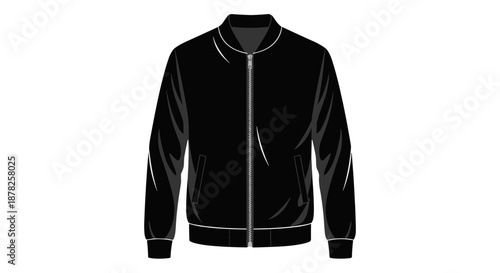 Vector illustration of a sleek black bomber jacket, a stylish and versatile outerwear garment perfect for contemporary fashion, urban casual wear, and clothing design projects