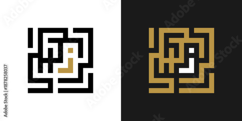 Geometric Font. Square labyrinth alphabet, geometric letter J, unique puzzle font for creative logos. Abstract labyrinth typography design.letter k with a square labyrinth concept