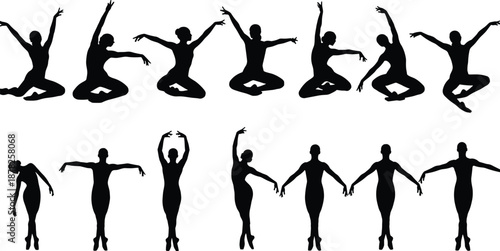Large collection of ballet dancer silhouettes set with diverse women performing elegant dance poses, grace action isolated on white background,