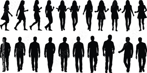 Large collection of diverse men and women silhouettes walking and standing in rows, urban crowd of people isolated on white background,