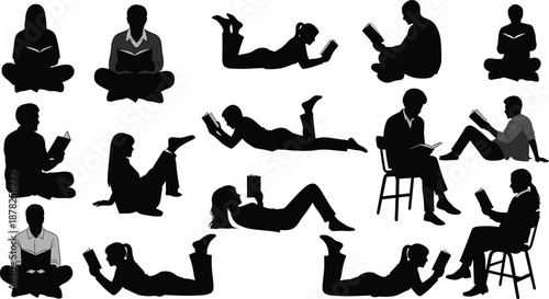 Large collection of diverse people reading books silhouettes in different positions sitting and lying down isolated on white background for education,