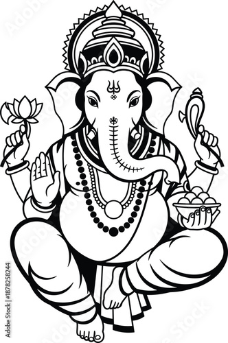 Lord Ganesha seated illustration, flat vector Hindu deity icon, elephant head god, spiritual symbol, blessing hand, religious art, black design