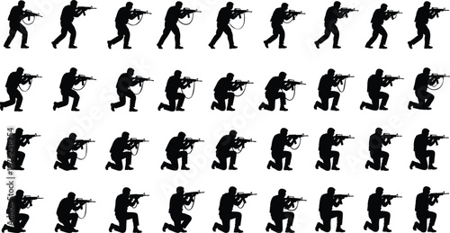 Large Collection of Soldier Silhouettes in Various Military Action Poses, Including Standing, Walking, Running, and Kneeling, Armed with Rifles for Combat and Security Operations, Vector.