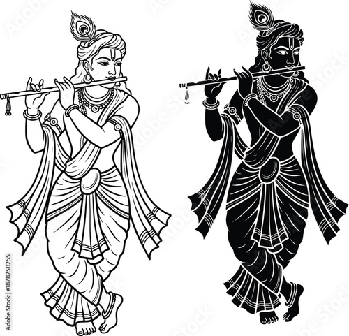 Krishna flute playing silhouette, flat vector Hindu deity illustration, black and white spiritual art, peacock feather, traditional pose, divine music