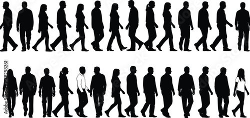 Large collection of walking people silhouettes in a row isolated on white background, diverse crowd of men and women set,