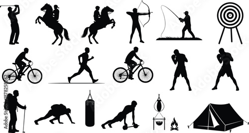Large Collection of Sports and Outdoor Activity Silhouettes, Fitness Icons including Cycling Running Hiking Boxing Archery Golf Fishing, Black Vector Graphic Set.