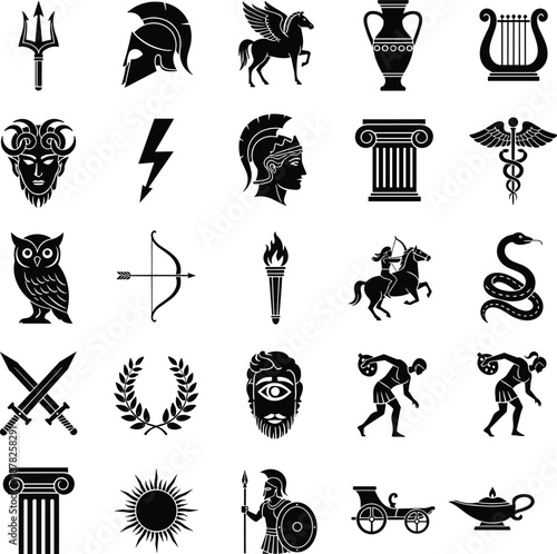 Greek mythology icon set, flat vector silhouette collection, black and white cultural symbols, gods, creatures, artifacts, architecture, weapon, wisdom