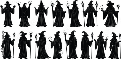 Large collection of wizard silhouettes wearing hooded robes and pointed hats, holding magic staffs and casting spells on white background