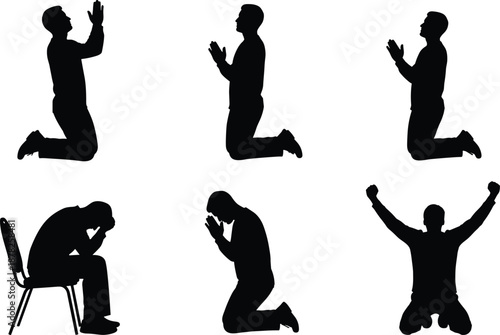 Men kneeling in prayer and distress silhouettes set for spiritual faith worship religious devotion hope sadness and emotional mental health