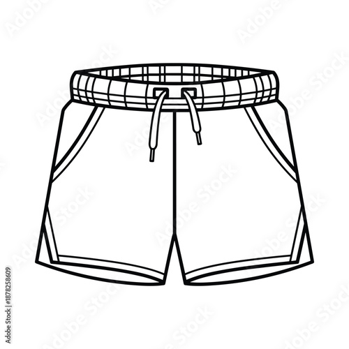 Black and white illustration of mens swim shorts