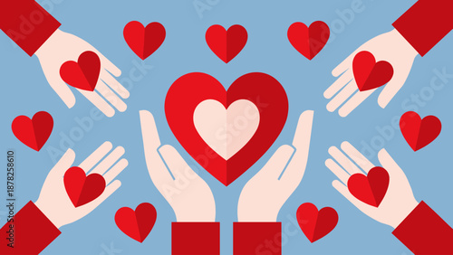 Many Hands Holding and Sharing Red Hearts, Symbolizing Love and Unity
