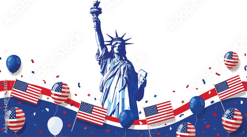 Patriotic American holiday background with Statue of Liberty vector illustration featuring USA flags balloons and confetti on blue banner for Fourth of July independence day celebration.