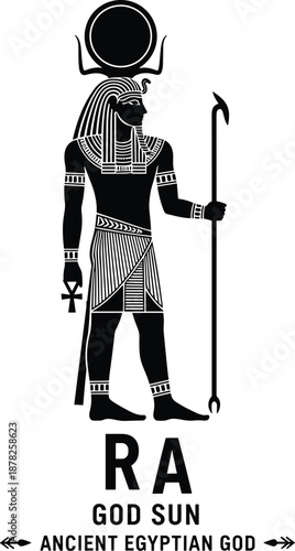 Ancient Egyptian god Ra illustration, flat vector silhouette icon, sun disk, staff, ankh symbol, mythology, religion, black design
