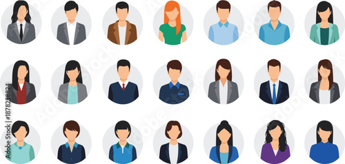 Professional business avatar icon set featuring diverse men and women in corporate attire, flat design vector people portraits for profile pictures.