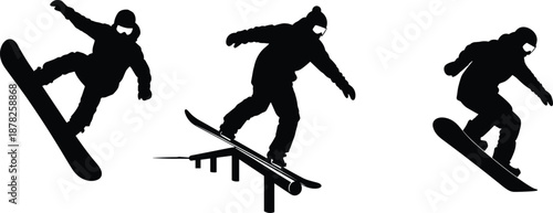 Snowboarding silhouette tricks, flat vector extreme sport action, black snowboarder jump, rail grind, winter athlete pose, freestyle snowboarding art