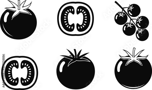 Tomato illustration set, flat vector vegetable icons, black and white fruit design, cross-section, cherry tomato, stem, organic food symbol