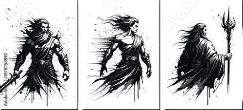 Fantasy warrior silhouette set, flat vector mythological character illustration, sword, trident, robe, dynamic pose, mystical power, black design