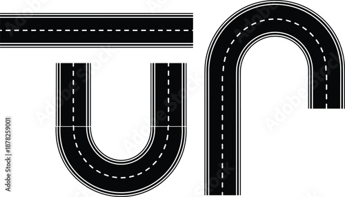 Set of black asphalt road segments with white dashed lines including straight curved and U turn highway paths isolated on white background for transportation design