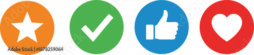 Set of colorful social media feedback icons featuring star, check mark, thumbs up, and heart symbols isolated on white background for user interface design.