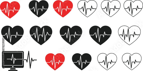 Set of medical heart rate pulse icons with red and black heartbeat symbols on monitor screen for healthcare cardiology and diagnostic health concepts